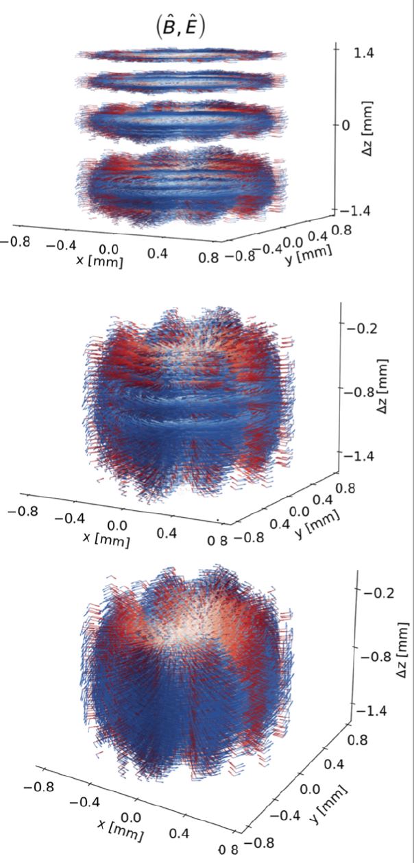 Examples of the 3D electric (red) and magnetic (blue) self-fields generated for relativistic electron bunches.